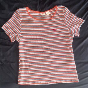 Levi’s Women’s Striped Orange, Black and White Short Sleeve Tee Shirt